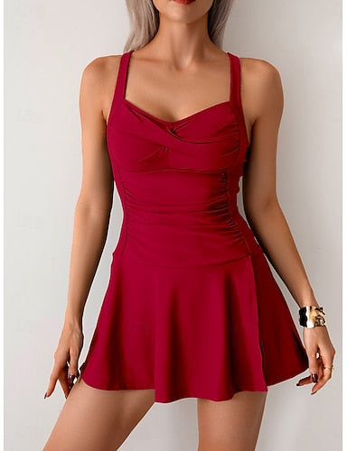 Tankini 2 Piece Swimsuit Ruched With Skirt Briefs Slim Backless Vacation Color V Neck Sleeveless Bathing Suits