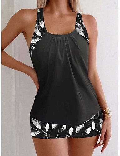 Swimwear Tankini 2 Piece Boy Leg Swimsuit Backless High Waist Vacation Beach Wear Leaves Scoop Neck Sleeveless Bathing Suits