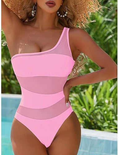 Swimwear One Piece Swimsuit Mesh Tummy Control High Waist Slim One Shoulder Vacation Beach Wear Color Asymmetric Neck Sleeveless Bathing Suits