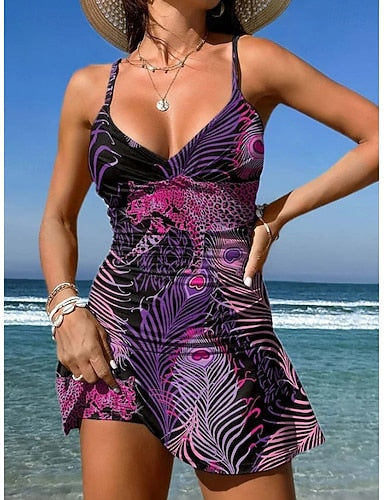 Swimwear One Piece Skirt Swimsuit Vacation Graphic Sleeveless Bathing Suits