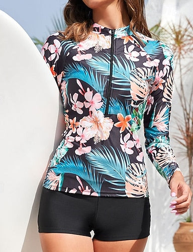 Rash Guard Swimsuit Swim Shorts Printed 2 Piece Front Zip Quick Dry Lightweight Breathable Long Sleeve Swimwear Swimsuit Surfing Beach Water Sports Summer