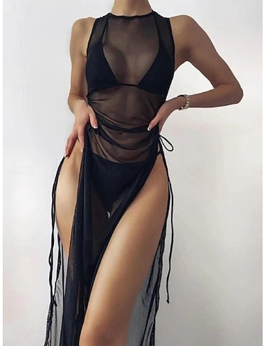 Swimwear Three Piece Swimsuit Ruched Backless Vacation Beach Wear Plain Halter Neck Sleeveless Bathing Suits