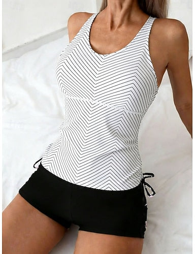 Swimwear Tankini 2 Piece High Waist Swimsuit Tummy Control High Waist Slim Backless Vacation Beach Wear Geometic U Neck Sleeveless Bathing Suits
