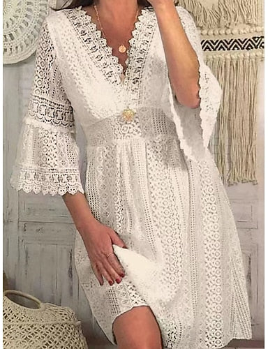 Knee Length Dress White Dress Lace Dress Flare Cuff Sleeve Daily Outdoor Beach Regular Fit Plain 3/4 Length Sleeve V Neck White Apricot Summer Spring