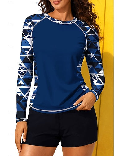 Regular Rash Guard Swimsuit Rash Guard Tankini Swimsuits Geometric Abstract Color-blocking 2 Piece Removable Pad Boyleg Uv Sun Protection Upf50+ Elastic Long Sleeve Swimwear Sun Shirt Surfing