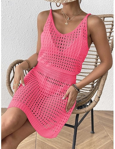 Cover Up Swimsuit Dress Knitted Vacation Beach Wear Color V Neck Sleeveless Bathing Suits