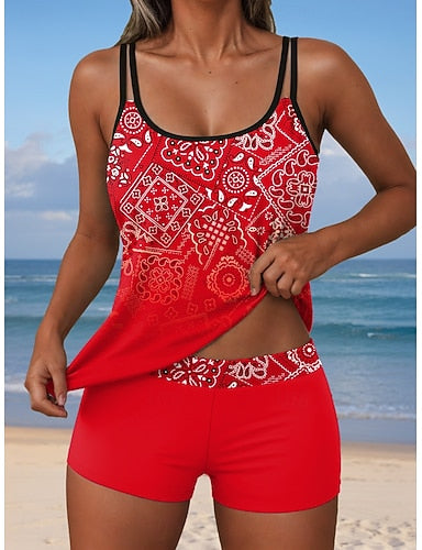 Tankini 2 Piece Swimsuit Shorts Backless Vacation Beach Wear Ombre Graphic U Neck Sleeveless Bathing Suits