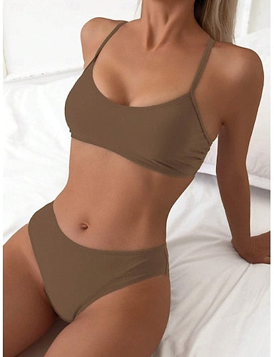 Bikini 2 Piece Swimsuit Cheeky Slim Backless Vacation Beach Wear Color V Neck Sleeveless Bathing Suits