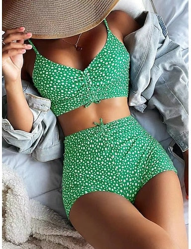Tankini 2 Piece Swimsuit Ruched Shorts Tummy Control High Waist Slim Backless Vacation Beach Wear Graphic V Neck Sleeveless Bathing Suits