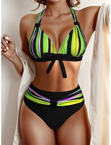 Swimwear Bikini 2 Piece Briefs Swimsuit Slim Backless Vacation Beach Wear Striped Halter Neck Sleeveless Bathing Suits