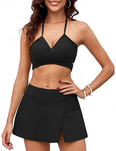 Bikini 2 Piece Swimsuit With Skirt Skirt Slim Backless Vacation Beach Wear Striped Halter Neck Sleeveless Bathing Suits
