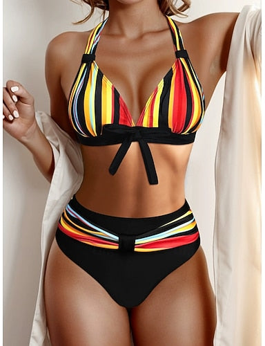 Swimwear Bikini 2 Piece Briefs Swimsuit Slim Backless Vacation Beach Wear Striped Halter Neck Sleeveless Bathing Suits