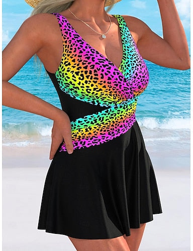 Swimwear One Piece Monokini Swim Dress Swimsuit Tummy Control High Waist Slim Backless Vacation Beach Wear Leopard Color Block V Neck Sleeveless Bathing Suits