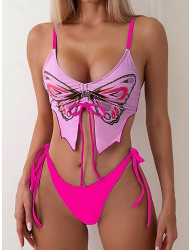 Bikini 2 Piece Swimsuit Tie Side Slim Backless Vacation Beach Wear Butterfly V Neck Sleeveless Bathing Suits