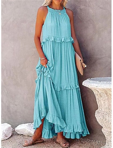 Maxi Dress White Dress Beach Dress Swing Dress Daily Outdoor Beach Loose Fit Plain Sleeveless Crew Neck Blue White Yellow Pink Summer Spring