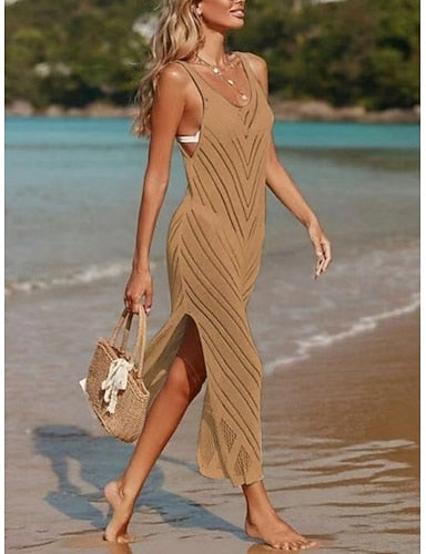 Swimwear Cover Up Swim Dress Swimsuit Cut Out Vacation Beach Wear Color V Neck Sleeveless Bathing Suits