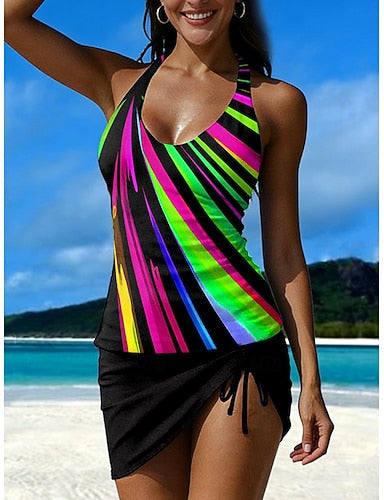 Swimwear Tankini Skirt Swimsuit Vacation Graphic Geometric Halter Neck Sleeveless Bathing Suits