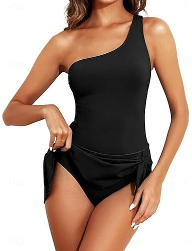 One Piece Swimsuit With Skirt Monokini Tummy Control High Waist Slim Backless Vacation Beach Wear Color Asymmetric Neck Sleeveless Bathing Suits