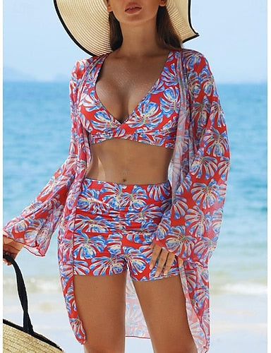 Bikini 3 Piece Swimsuit Palm Shorts Slim Backless Vacation Beach Wear Leaves V Neck Sleeveless Bathing Suits