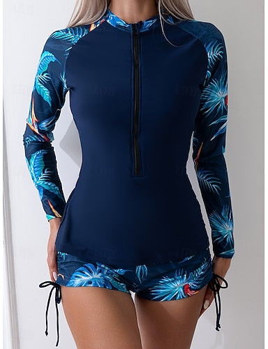 Tankini 2 Piece Swimsuit Zip Front Palm Shorts Tummy Control High Waist Slim Backless Vacation Beach Wear Leaves High Neck Long Sleeve Bathing Suits