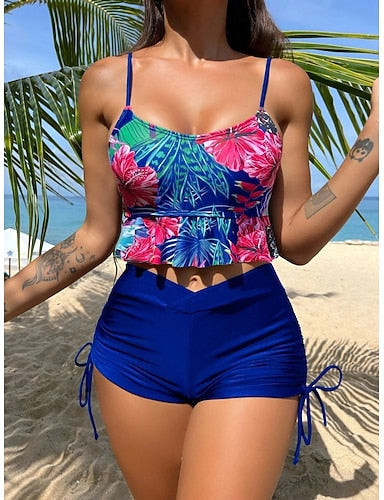 Tankini 2 Piece Swimsuit Ruched Palm Shorts Tummy Control High Waist Slim Backless Vacation Beach Wear Scoop Neck Sleeveless Bathing Suits