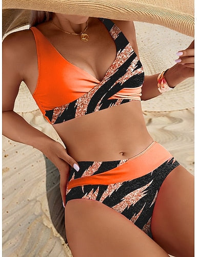 Swimwear Bikini Cheeky Swimsuit Vacation Graphic Striped V Neck Sleeveless Bathing Suits