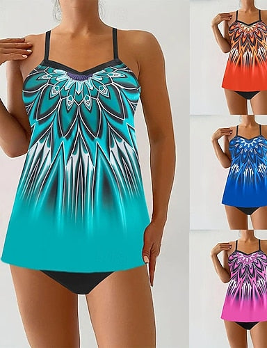Swimwear 2 Piece Cheeky Swimsuit Backless Vacation Beach Wear Graphic Round Neck Sleeveless Bathing Suits