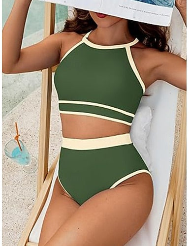 Bikini 2 Piece Swimsuit Colorblock Briefs Slim Backless Vacation Beach Wear Stripe Halter Neck Sleeveless Bathing Suits