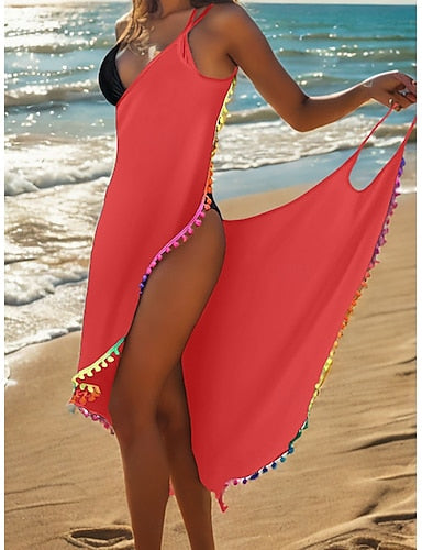 Swimwear Cover Up Swimdresses Dress Swimsuit Ruched Backless Vacation Beach Wear Color V Neck Sleeveless Bathing Suits