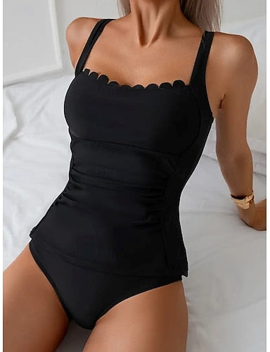 Swimwear Tankini 2 Piece Cheeky Swimsuit Tummy Control High Waist Slim Backless Vacation Beach Wear Color Scoop Neck Sleeveless Bathing Suits