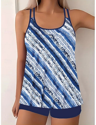 Tankini 2 Piece Swimsuit Boy Leg Tummy Control High Waist Slim Backless Vacation Beach Wear Geometric Striped Halter Neck Sleeveless Bathing Suits