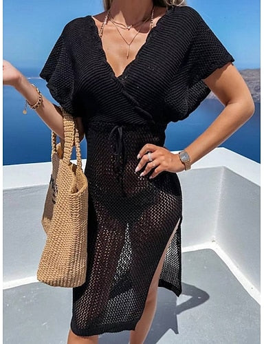 Cover Up Swimsuit Dress Cut Out Knit Vacation Beach Wear Color V Neck Short Sleeves Bathing Suits