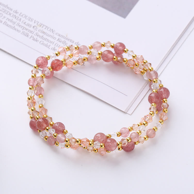 Double Wrap Amethyst Bracelet With Tourmaline & Strawberry Quartz for Peace