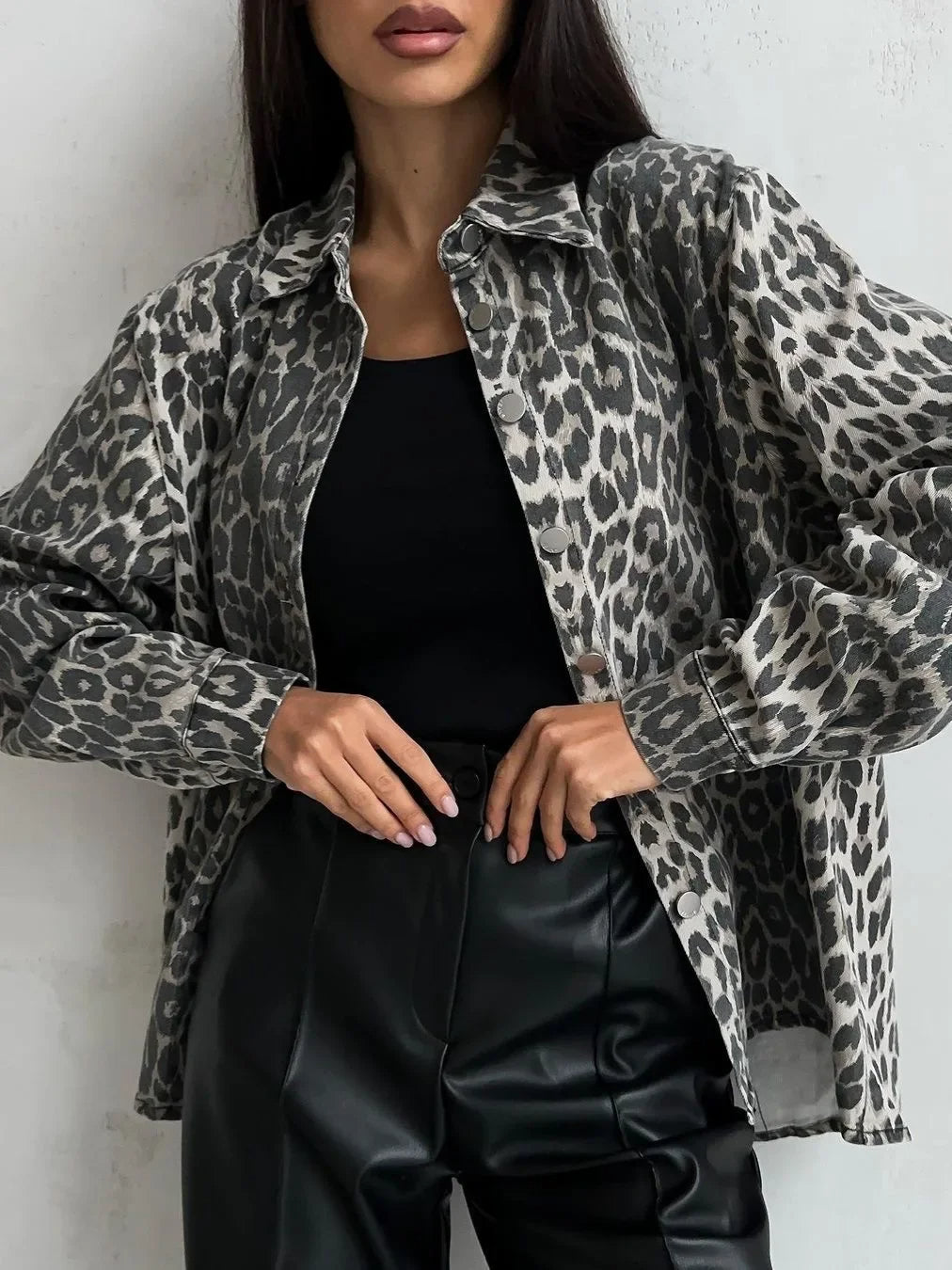 LM | Denim jacket with leopard print for women