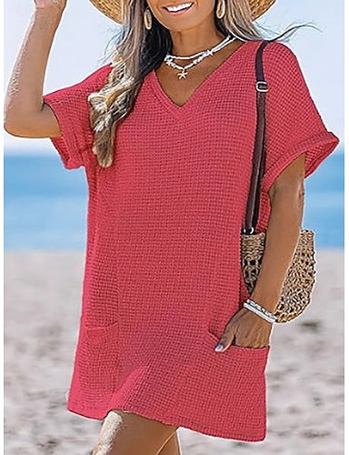 Swimwear Cover Up Swim Dress Dress Swimsuit Patchwork Pocket Vacation Beach Wear Plain V Neck Short Sleeves Bathing Suits