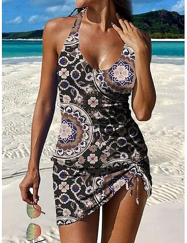 Swimwear Tankini Skirt Swimsuit Halter Vacation Graphic Geometic V Neck Sleeveless Bathing Suits
