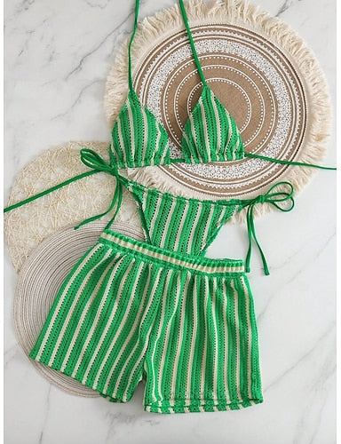 Bikini 2 Piece Swimsuit Thong Slim Backless Vacation Beach Wear Striped Halter Neck Sleeveless Bathing Suits