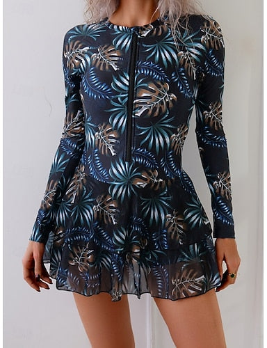 Swimwear Tankini 2 Piece Skirt Swimsuit Tummy Control High Waist Slim Vacation Round Neck Long Sleeve Bathing Suits