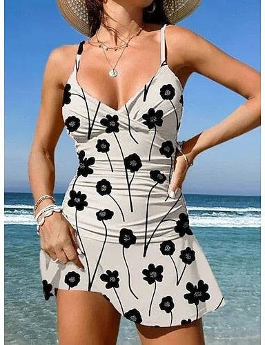 Swimwear One Piece Skirt Swimsuit Vacation Graphic V Neck Sleeveless Bathing Suits