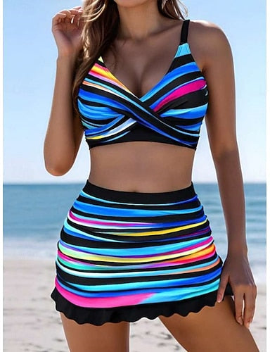 Swimwear Tankini Three Piece Skirt Swimsuit Tummy Control High Waist Slim Backless Vacation Beach Wear Striped V Neck Sleeveless Bathing Suits