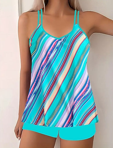 Swimwear 2 Piece Shorts Swimsuit Backless Vacation Beach Wear Striped Round Neck Sleeveless Bathing Suits