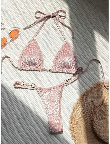 Swimwear Bikini 2 Piece Thong Swimsuit Slim Backless Vacation Beach Wear Color Leopard Halter Neck Sleeveless Bathing Suits