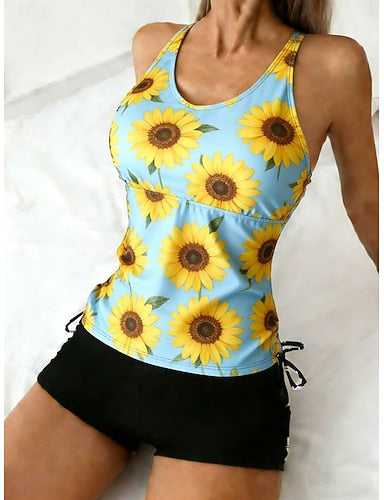 Swimwear Tankini 2 Piece High Waist Swimsuit Tummy Control High Waist Slim Backless Vacation Beach Wear U Neck Sleeveless Bathing Suits