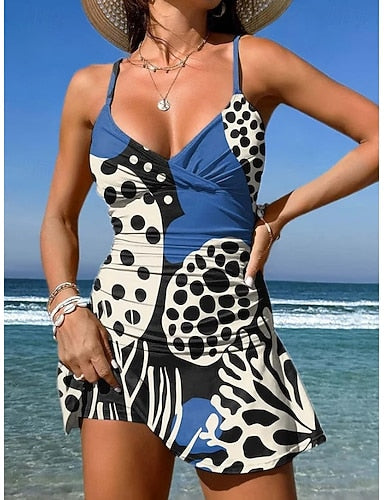 Swimwear One Piece Skirt Swimsuit Vacation Graphic V Neck Sleeveless Bathing Suits