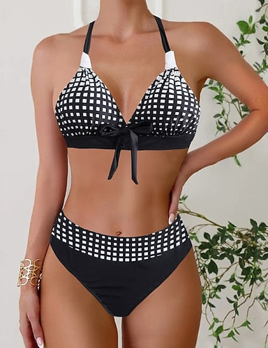 Swimwear 2 Piece Cheeky Swimsuit Backless Vacation Beach Wear Geometic V Neck Sleeveless Bathing Suits