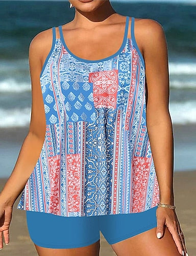 Swimwear 2 Piece Shorts Swimsuit Backless Vacation Beach Wear Graphic Round Neck Sleeveless Bathing Suits