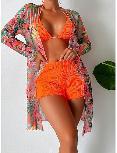 Bikini 3 Piece Swimsuit Palm Shorts Tummy Control High Waist Slim Backless Vacation Beach Wear Halter Neck Sleeveless Bathing Suits