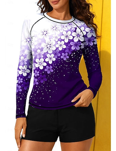 Medium Rash Guard Swimsuit Rash Guard Print Swimsuit Tropical Color-blocking 2 Piece Removable Pad Boyleg Uv Sun Protection Upf50+ Elastic Long Sleeve Swimwear Sun Shirt Surfing