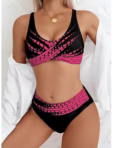 Bikini 2 Piece Swimsuit High Waist Stylish Graphic Striped V Neck Sleeveless Bathing Suits