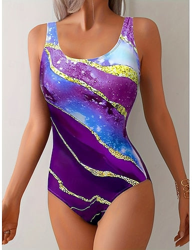 One Piece Swimsuit Slimming Monokini High Cut Tummy Control High Waist Slim Backless Vacation Graphic Geometric U Neck Sleeveless Bathing Suits